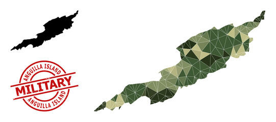 Low-Poly mosaic map of Anguilla Island, and scratched military stamp print. Lowpoly map of Anguilla Island is constructed from chaotic khaki colored triangles.
