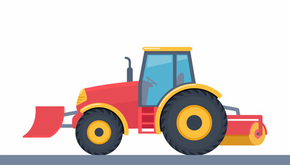 Snow plow tractor. Professional cleaning machine, winter snow removal. Road cleaning machine. Vector illustration.