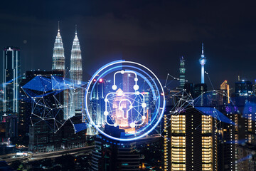 Obraz premium Glowing padlock hologram, night panoramic city view of Kuala Lumpur, Malaysia, Asia. The concept of cyber security shields to protect KL companies. Double exposure.