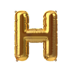 3D Render of Golden inflatable foil balloon letter H. Party decoration element. Yellow character isolated on white background. New year celebration postcard part. Graphic element sign for web design