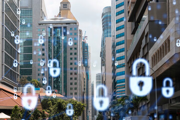 Padlock icon hologram over panorama city view of Singapore to protect business in Asia. The concept of information security shields. Double exposure.
