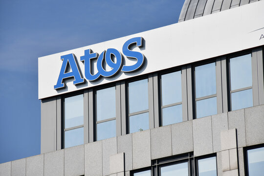 Dusseldorf, North Rhine-Westphalia, Germany - September 9, 2021: Atos logo in Dusseldorf, Germany - Atos is a European multinational information technology (IT) service and consulting company