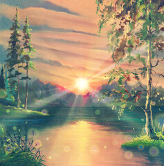 Sunset oil painting landscape with lake against summer forest with water reflections, morning sunrise drawing art on canvas with beautiful pond and trees in nature.