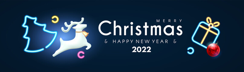 Merry Christmas and Happy New Year Holiday background with jumping deer, fir tree, gift and neon light effect. Super season offer with lights