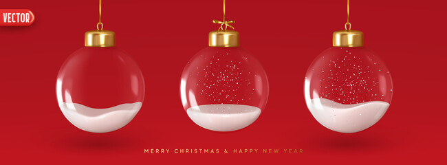 Christmas decorations glass baubles transparent balls inside snow, hang on gold ribbon, set isolated on red background. Realistic 3d design of elements of Christmas decorations. vector illustration