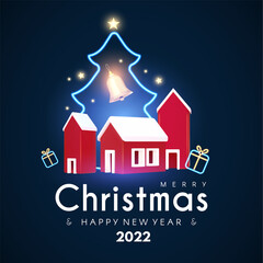 Obraz premium Christmas sale design template with cute town, gift box, fir tree and neon light effect. Super season offer with light.