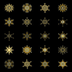 Gold Snowflakes Set. Symbol of winter, Christmas, New Year holiday. Golden silhouette  on black background. Vector illustration.
