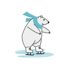 Polar bear ice skating training. Funny cartoon winter sport mascot