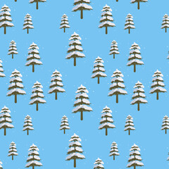 Pattern of winter Christmas trees on a blue background