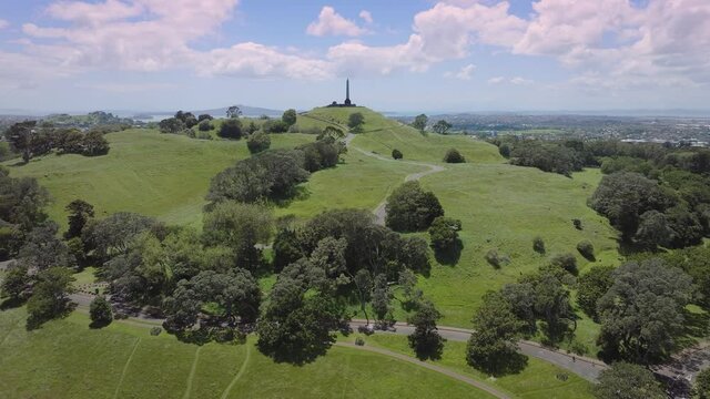 Aerial: One Tree Hill in cornwall park, Auckland, New Zealand