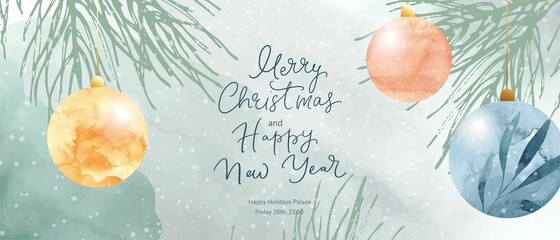 Christmas and New Year holiday card design. Hand painted watercolor texture, colorful baubles with golden foil © olechkaart