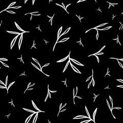 Bamboo pattern leaves repeat in black and white botanical background print design. Scattered vector illustration. Fun and cute seamless repeat surface design for kids , botanical lovers and home decor