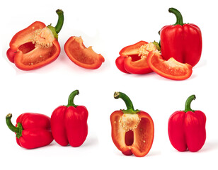 Ripe sweet red peppers, whole and chopped into pieces, on a white background in isolation, with a shadow, collage