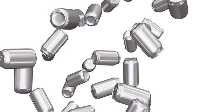 Realistic looping 3D animation of the aluminum drink cans falling from the top rendered in UHD with alpha matte