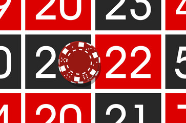 2022 Happy New Year casino style greeting card with tokens chips above roulette wheel casino table. Merry Christmas 2K22 Xmas banner poker and blackjak desk design. New year 2022 party poster top view