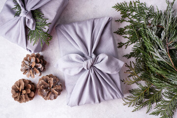 Zero waste concept, Christmas wrapped gift by linen fabric.