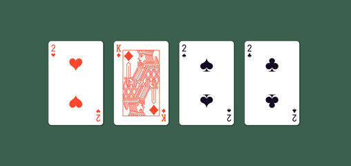 2022 Happy New Year casino style greeting card with playing cards different suits on green casino table. Merry Christmas 2K22 Xmas banner poker and blackjak desk design. New year 2022 poster top view