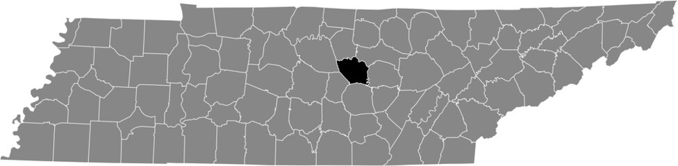 Black highlighted location map of the DeKalb County inside gray administrative map of the Federal State of Tennessee, USA