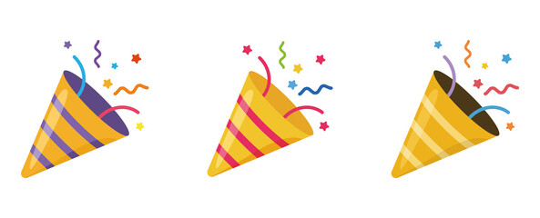 Obraz premium Set confetti party popper icon, fireworks logo, cap, flat design. Vector illustration isolated on white background.