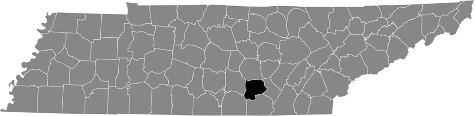 Black highlighted location map of the Grundy County inside gray administrative map of the Federal State of Tennessee, USA