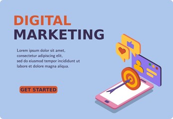 Digital Marketing banner and website. Mockup mobile phone and growth like. Successful hitting the target. Business analysis and strategy. 3d isometric vector illustration. Popular flat colors.