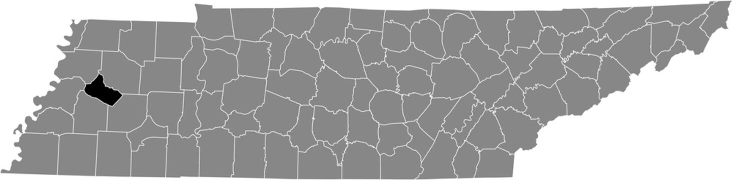 Black highlighted location map of the Crockett County inside gray administrative map of the Federal State of Tennessee, USA