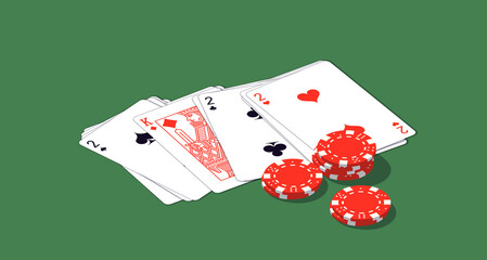2022 Happy New Year isometry casino style greeting card with playing cards different suits, tokens chips bet on green casino table. Merry Christmas 2K22 Xmas banner poker and blackjak isometric design