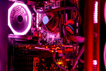 Fototapeta na wymiar Desktop computer with pink lights