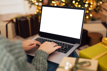 woman work on laptop computer with blank display screen with mockup copy space. home interior...
