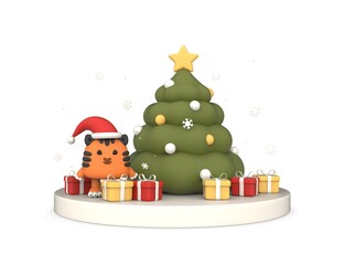Decorated Christmas tree and Cute Tiger with gift boxes. Happy Xmas and Happy New Year. 3D render 2022.