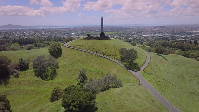 Aerial: One Tree Hill in cornwall park, Auckland, New Zealand