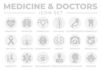 Round Gray Medicine and Doctors Icon Set of Gynecology, Orthopedy, Gastroenterology, Oncology, Dermatology, Internists, Laboratory, Ophthalmology, Family Plastic Surgery, Pediatrics Healthcare Icons