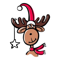 Christmas funny moose with star decoration in Santa hat. Colorful animal with a black line on a white background. Vector hand drawn illustration in sketch style isolated.