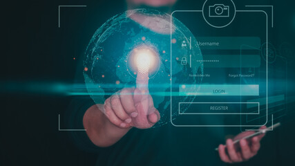 Fototapeta premium Metaverse Technology concepts. touching to virtual world, big data with internet connection for metaverse. Businessman using mobile smart phone, technology concept. computing, database, achievement..