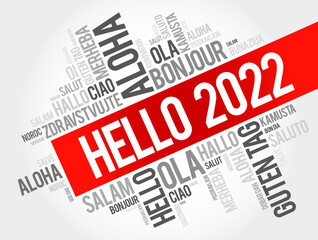 Hello 2022 word cloud in different languages of the world, concept background