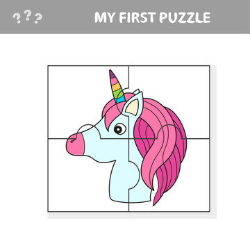 Puzzle game for kids. Cutting practice. Education developing worksheet with Unicorn. Activity page. Cartoon character.