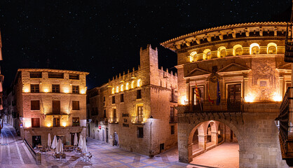 Night photography of the centre of Valderrobres at night, Matarraña, Teruel, Spain