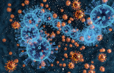Coronavirus background. Covid-19 or SARS-CoV-2 under microscope. 3d rendering