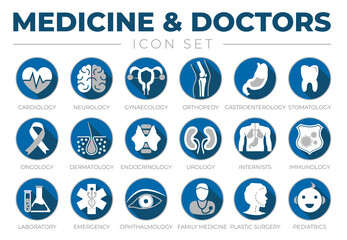 Icon Set of Cardiology, Neurology, Gynecology, Orthopedy, Dermatology, Urology, Internists, Immunology, Laboratory, Emergency,  Family Medicine, Plastic Surgery, Pediatrics Medical Icons.