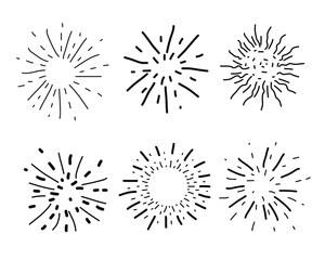 Doodle style fireworks collection. Hand design elements fireworks black rays.  Can be used as a template or as a standalone element, icons. Marker brush sketches. Doodle sketch style.