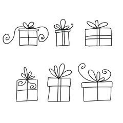 Set of vector gifts in doodle style. Christmas gift box doodle. Hand drawn present with ribbon illustration. Merry Xmas decorative element and Valentines day.
