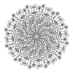Christmas outline mandala, holiday coloring page with bells, holly and Xtmas attributes