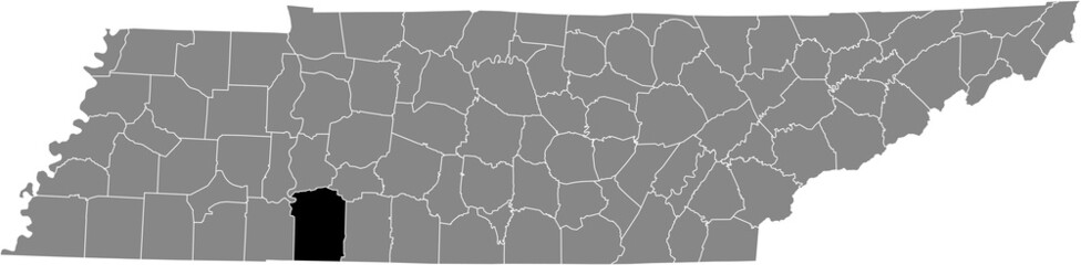 Black highlighted location map of the Wayne County inside gray administrative map of the Federal State of Tennessee, USA