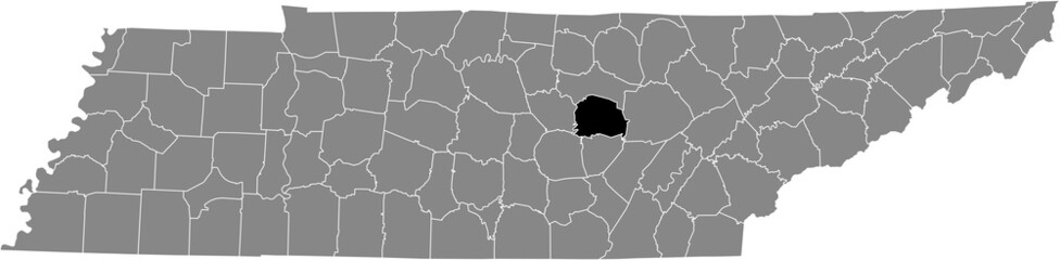 Black highlighted location map of the White County inside gray administrative map of the Federal State of Tennessee, USA