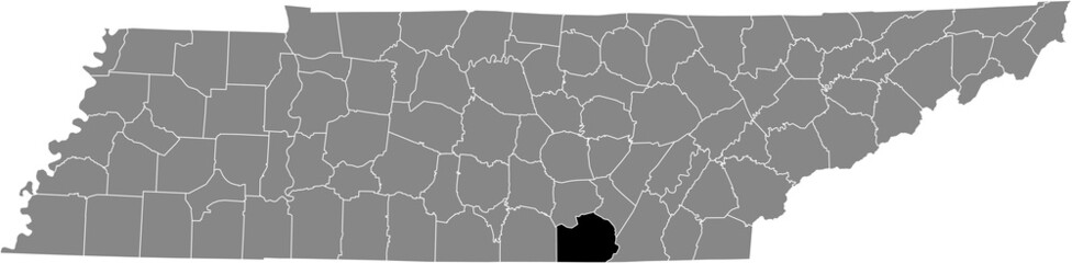 Black highlighted location map of the Marion County inside gray administrative map of the Federal State of Tennessee, USA