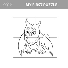 Easy educational paper game for kids. Simple kid application with Owl - My first puzzle. Coloring page
