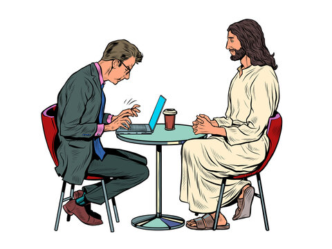 Jesus is waiting for you, savior and busy man at the table. Christianity and religion, preaching and faith