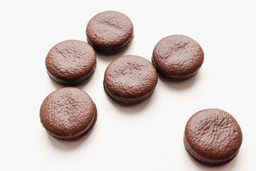 chocolate chip cookies on white background 