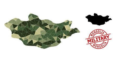 Low-Poly mosaic map of Mongolia, and textured military stamp seal. Low-poly map of Mongolia is combined of scattered camo colored triangles.