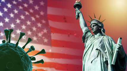 Omicron variant Coronavirus in USA. Incidence of coronavirus in America. Statue of Liberty and...